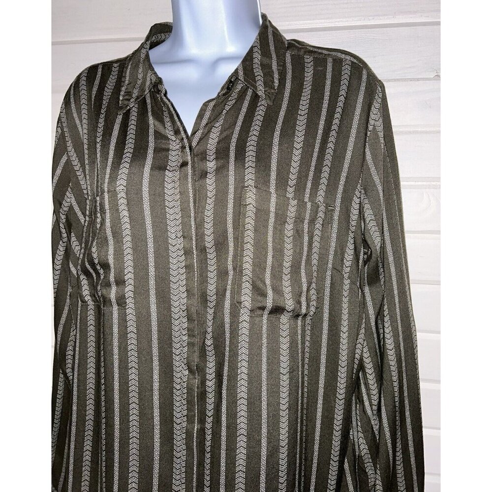 NWT Sonoma Sz LARGE Herringbone Stripe L/S Olive Green Blouse Rayon Pockets